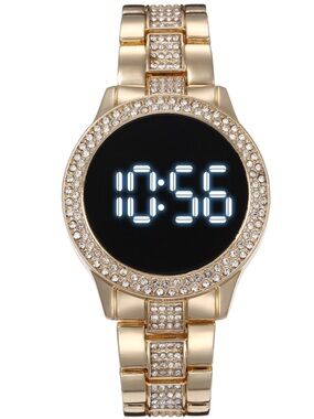 Unisex Women’s & Men Gold Crystal Rhinestone Round LED Metal Strap Timer Watch
